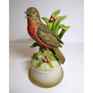 Robin Bird Perched On Leaves Bisque Figure Porcelain Pottery Music Box Vintage